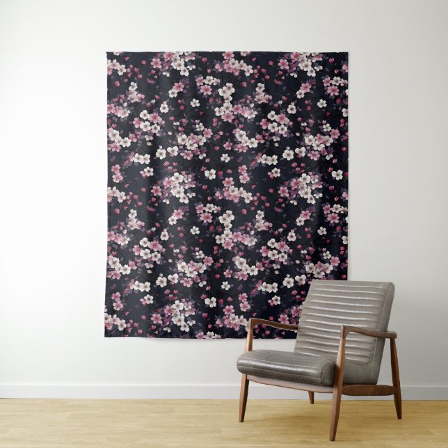 Tenture Fleurs Sakura Roses Noires, Design Motif, (En situation)