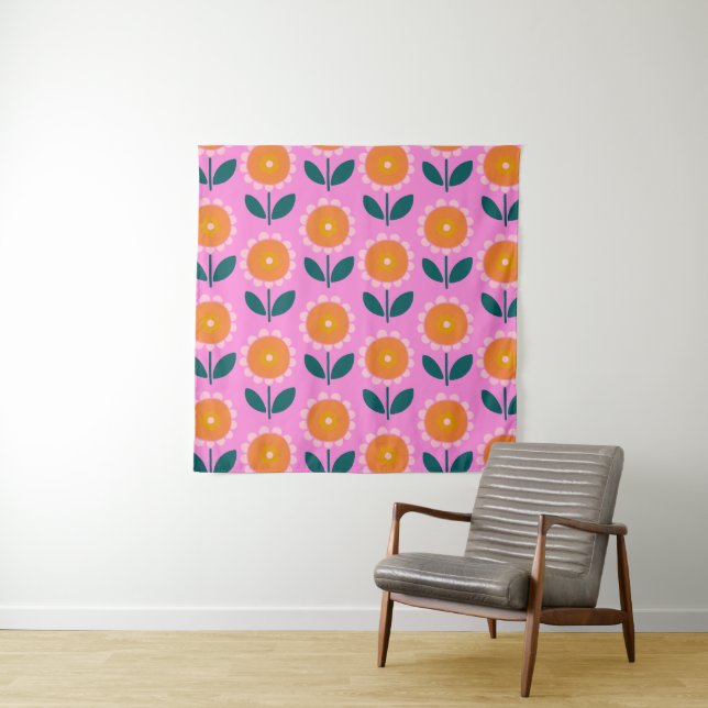 Tenture Fleurs scandinaves mignonnes en rose et orange (En situation)