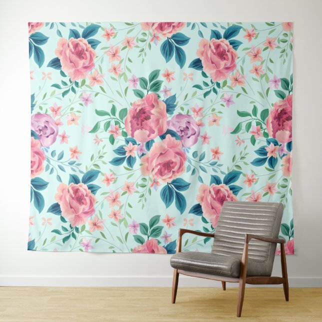 Tenture Fleurs vintages rose et violet motif (En situation (horizontale))
