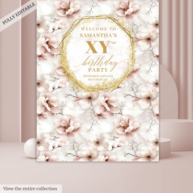 Tenture Flexibilité floue scintillante Anniversaire (Sparkling Blush Floral Birthday Party Backdrop

)