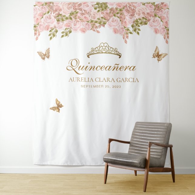 Tenture Floral Blush Rose Or Tiara Butterfly Quinceañera (En situation)