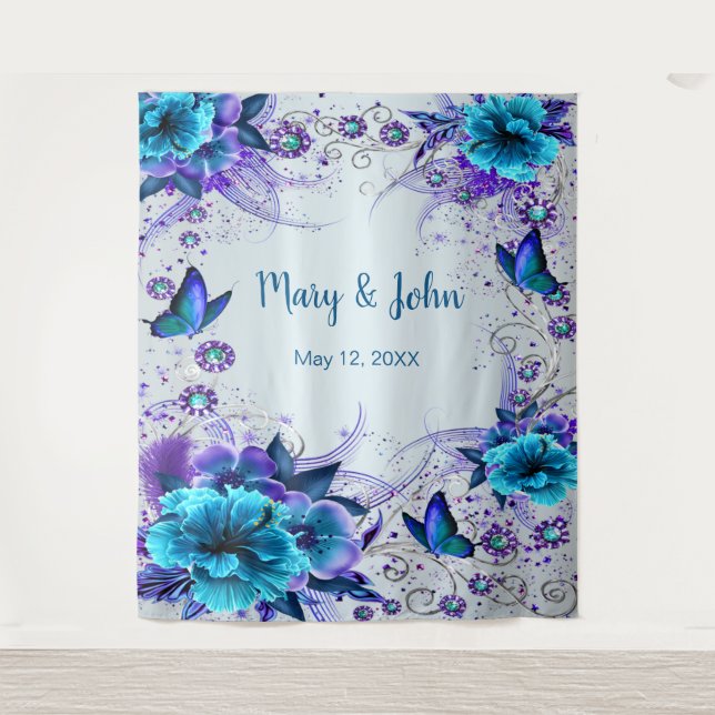 Tenture Flore Bleue Et Papillon Mariage Arrière-Plan (Devant)