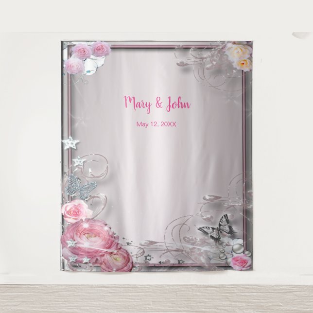 Tenture Flore Rose Et Papillon Mariage Arrière-Plan (Devant)