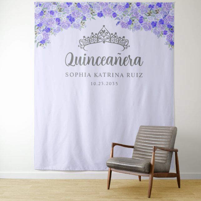 Tenture Flore violet Argent Quinceanera Fond photo (En situation)