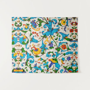 TENTURE FLORENTINE RENAISSANCE BLEU FLORAL SWIRLS, FLEURS