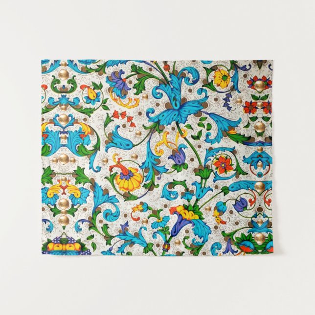 TENTURE FLORENTINE RENAISSANCE BLEU FLORAL SWIRLS, FLEURS (Devant (Horizontal))