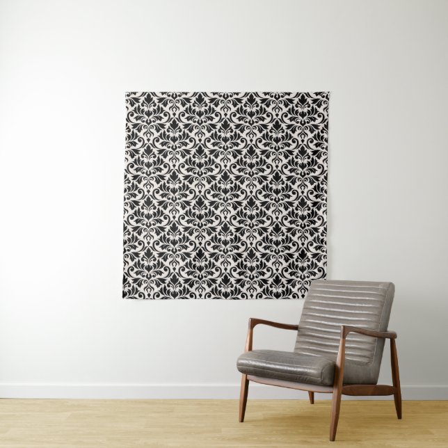 Tenture Flourish Damask Pattern Black on Cream (En situation)