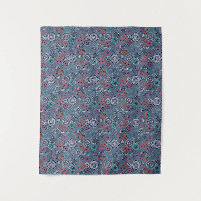 Tenture Folk ethnique abstrait motif floral rétro gris blu (Devant)