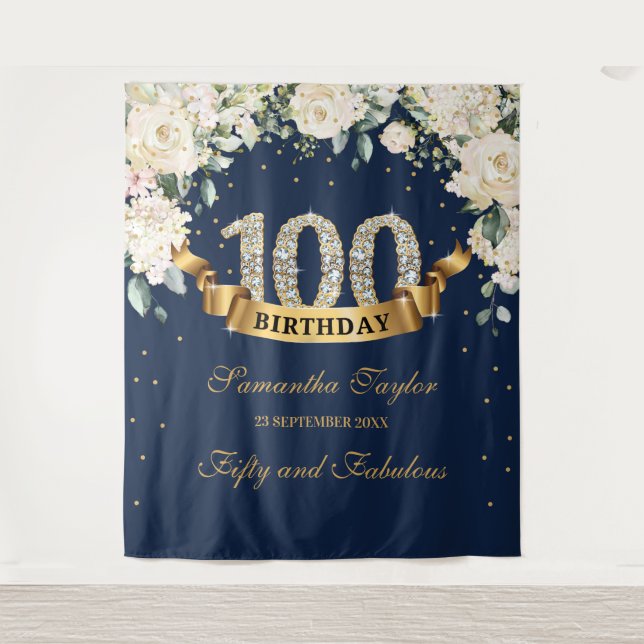 Tenture Fond de 100e anniversaire floral verdure or marine (Devant)
