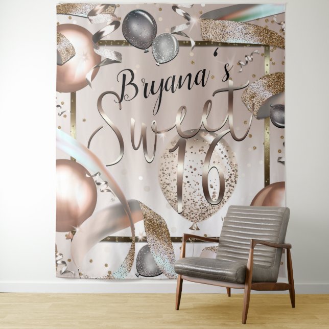 Tenture Fond de ballons rose gold pailletés pour Sweet 16 (En situation)
