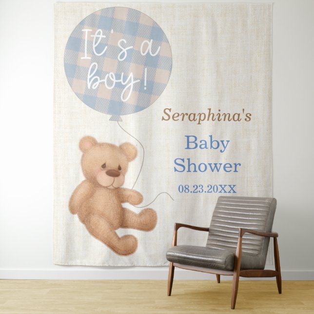 Tenture Fond de cabine pour Baby Shower Ours en peluche bl (En situation)