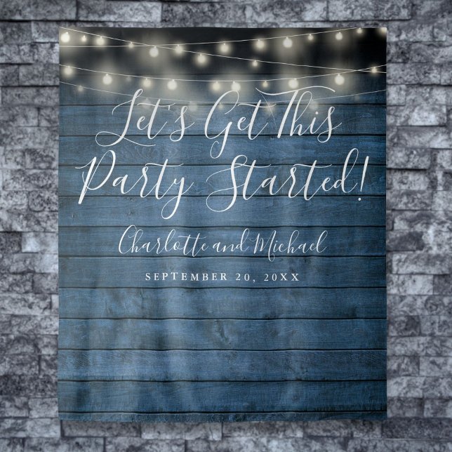 Tenture Fond de décor de fête avec lumières rustiques bleu (Blue Rustic Lights Party Started Photo Backdrop)