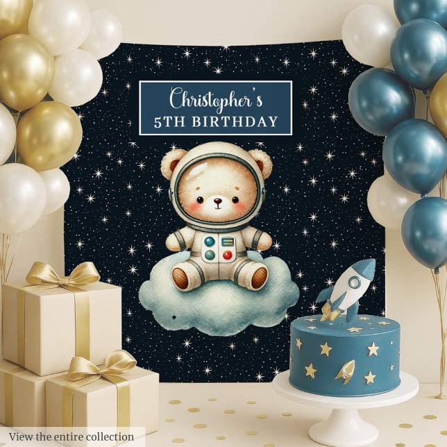 Tenture Fond de décor de fête d'astronaute de nounours mig (Cute Teddy Astronaut Party Backdrop for Boys)