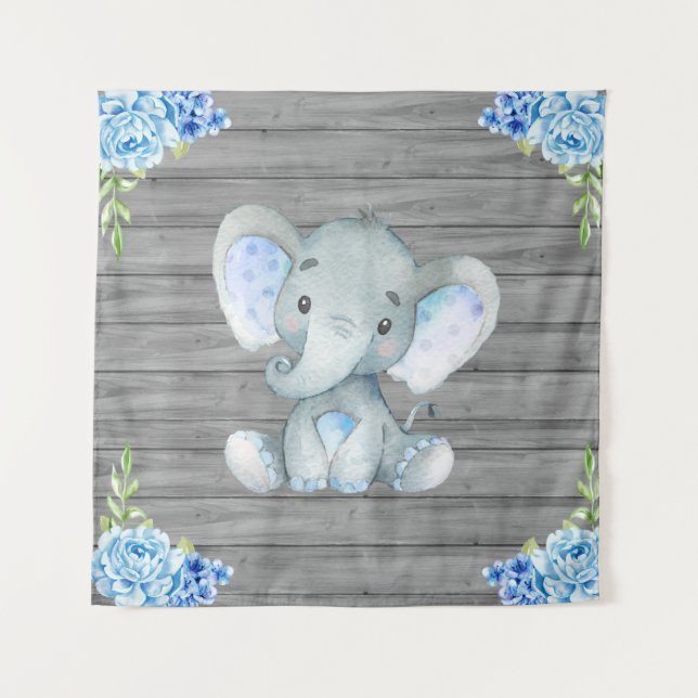 Tenture Fond de décor pour Baby Shower Eléphant Bleu (Devant)