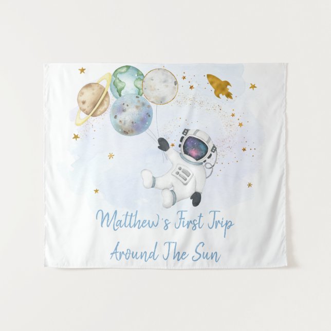 Tenture Fond de fête d'anniversaire Astronaute Bleu Or Esp (Devant (Horizontal))