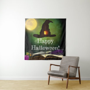 Tenture Fond de fête Halloween chapeau magique et livre de