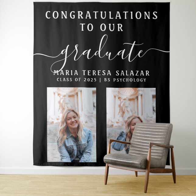 Tenture Fond de graduation photo noir blanc calligraphie 2 (En situation)
