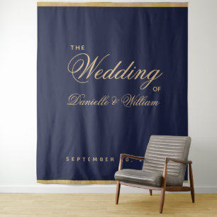 Tenture Fond de mariage à calligraphie script or bleu mari