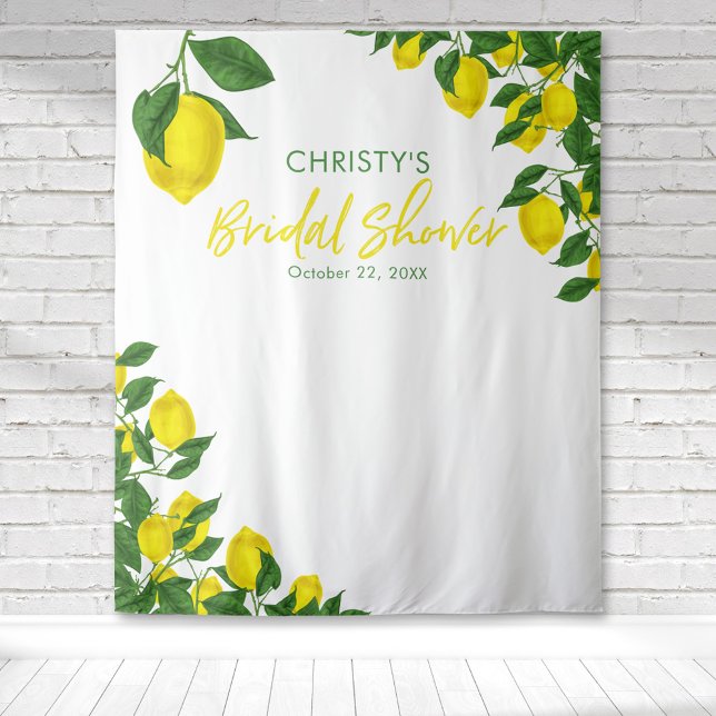 Tenture Fond de mariage aquarelle au citron (Bright lemon corners with a single lemon creating a beautiful citrus themed bridal shower tapestry)