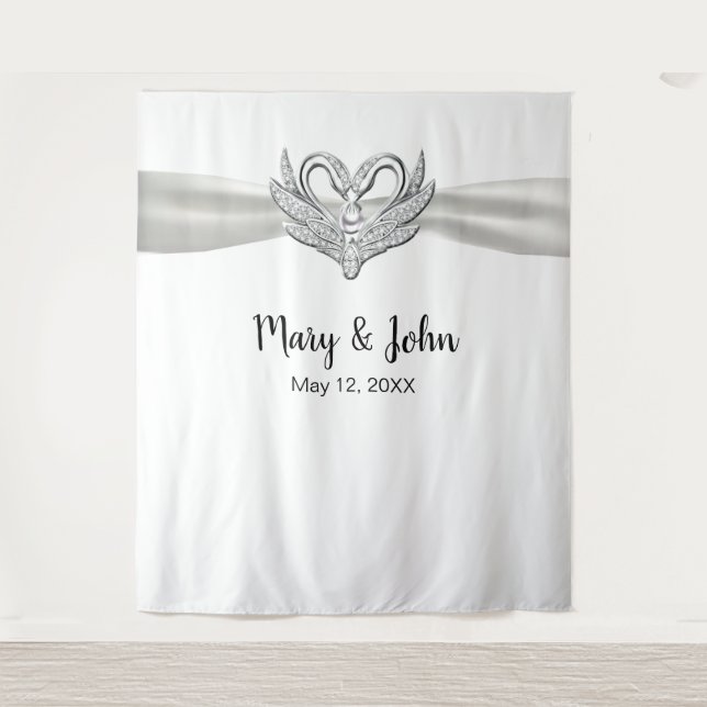 Tenture Fond de mariage Cygnes argentés Ruban blanc (Devant)