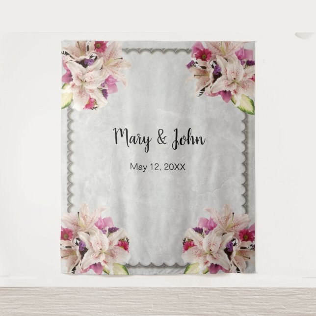 Tenture Fond de mariage en marbre floral lis blanc (Devant)