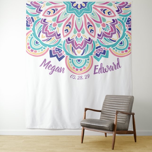 Tenture Fond de mariage floral moderne turquoise et violet (En situation)