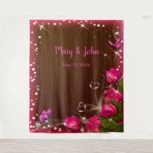 Tenture Fond de mariage floral rose en bois sombre rustiqu