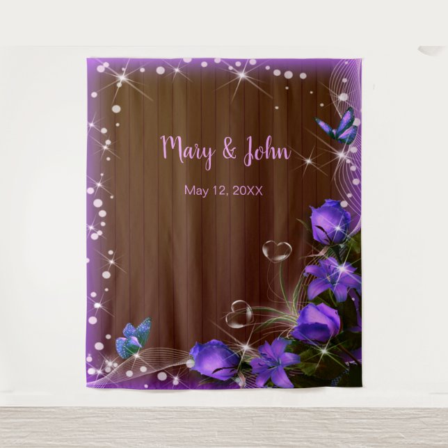 Tenture Fond de mariage floral violet en bois foncé rustiq (Devant)