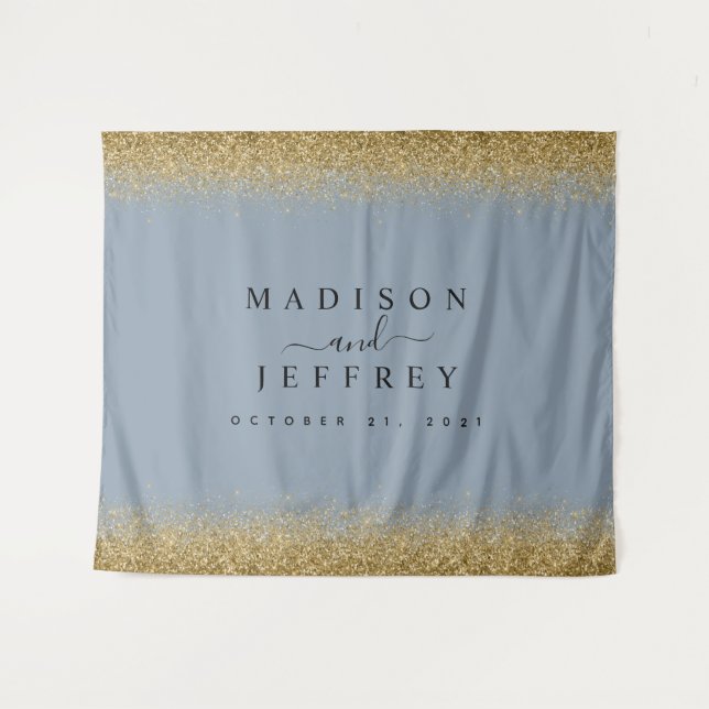 Tenture Fond de mariage pailleté bleu poussiéreux et or (Devant (Horizontal))