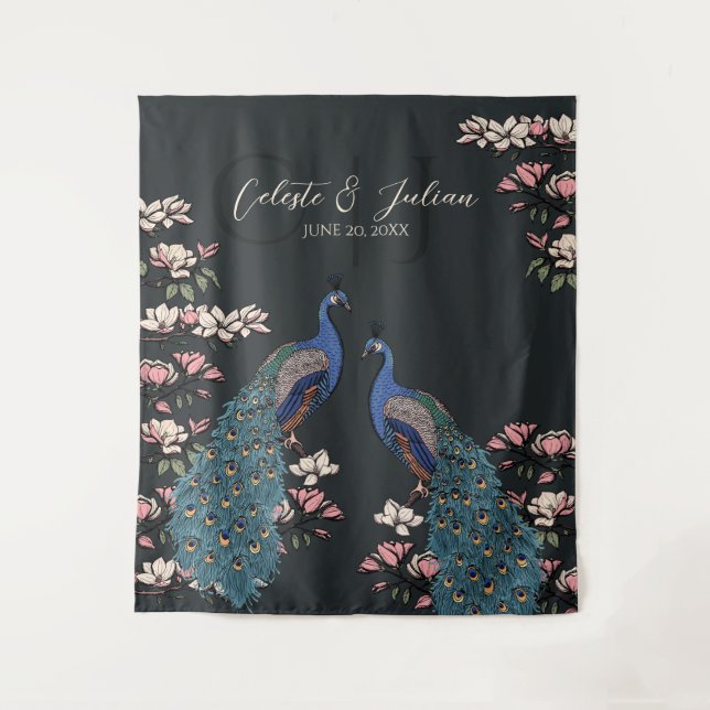 Tenture Fond de mariage paon floral noir moderne (Devant)