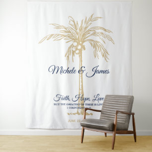 Tenture Fond de mariage tropical Arbre à palmes Or Bleu ma