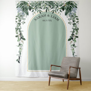 Tenture Fond de mariage vert sauge moderne avec arche de v