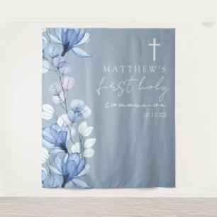 Tenture Fond de photo de première communion florale bleu p