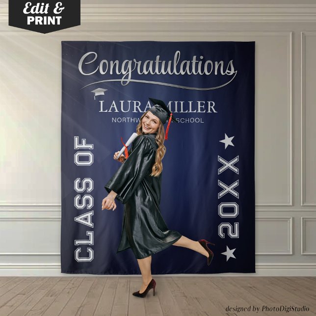 Tenture Fond de photo de remise de diplôme en bleu marine  (Editable Navy & Silver Graduation Photo Backdrop)