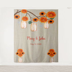 Tenture Fond de photo en toile de jute orange avec fleurs 
