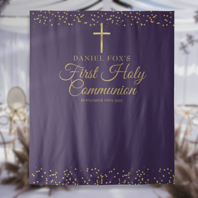 Tenture Fond de photo violet or pour première communion (First Communion Purple Gold Photo Backdrop)