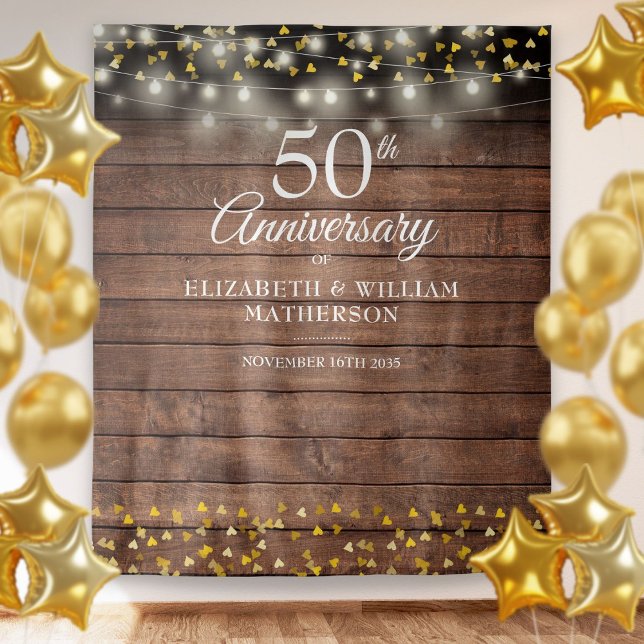 Tenture Fond de Photographie Rustique 50e Anniversaire Cœu (Rustic 50th Anniversary Gold Hearts Photo Backdrop)
