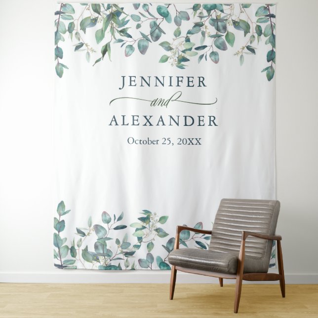 Tenture Fond de photomaton de mariage aquarelle Eucalyptus (En situation)