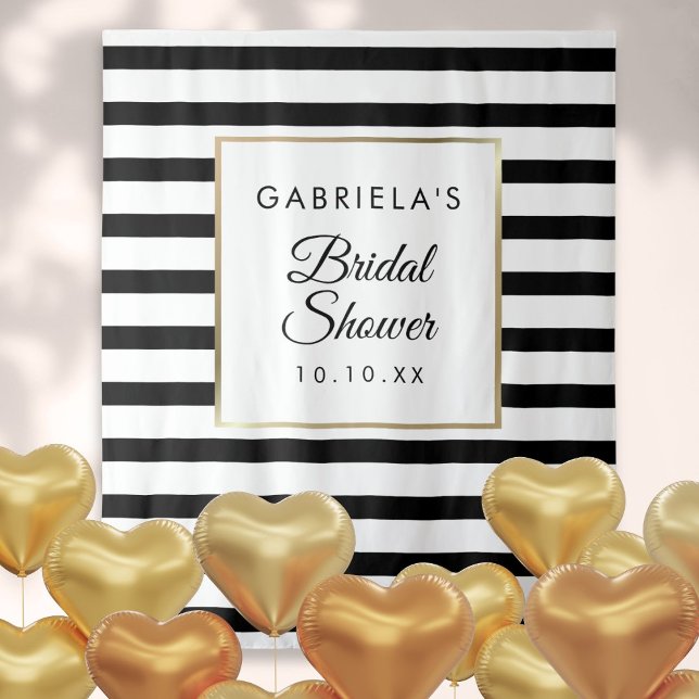 Tenture Fond de photomaton de mariage avec rayure noire et (Black Stripe Gold Bridal Shower Photo Backdrop)