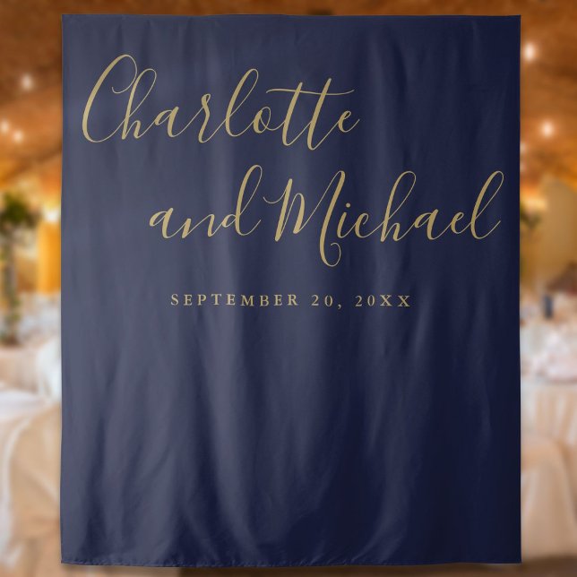 Tenture Fond de photomaton de mariage bleu marine et or (Navy Blue And Gold Wedding Photo Booth Backdrop)