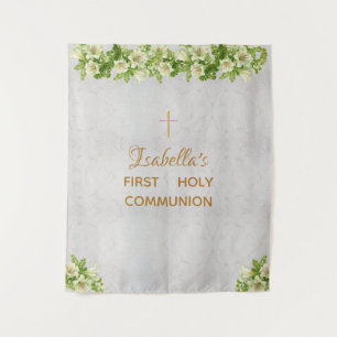 Tenture Fond de Première Communion Croix dorée Marbre Lys
