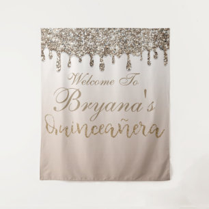 Tenture Fond de Quinceañera à paillettes dorées Champagne