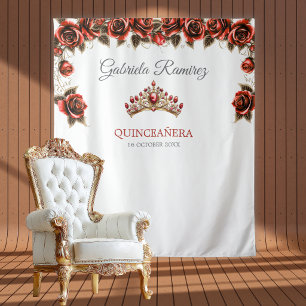Tenture Fond de Quinceañera Roses Couronne Rouge Dorée