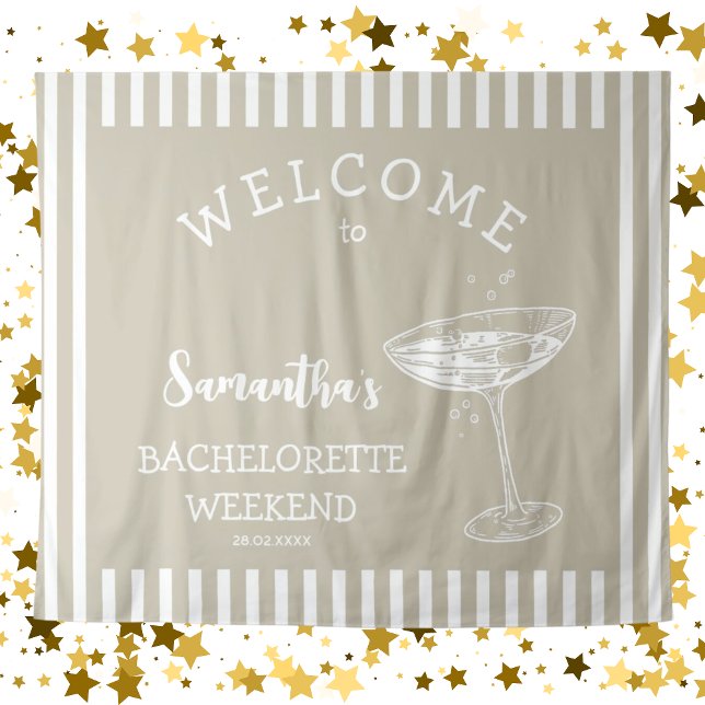 Tenture Fond de scène de fête de bachelor rétro moderne be (Retro Modern Bachelorette Party Backdrop Tapestry in neutral and simple beige and white stripes)