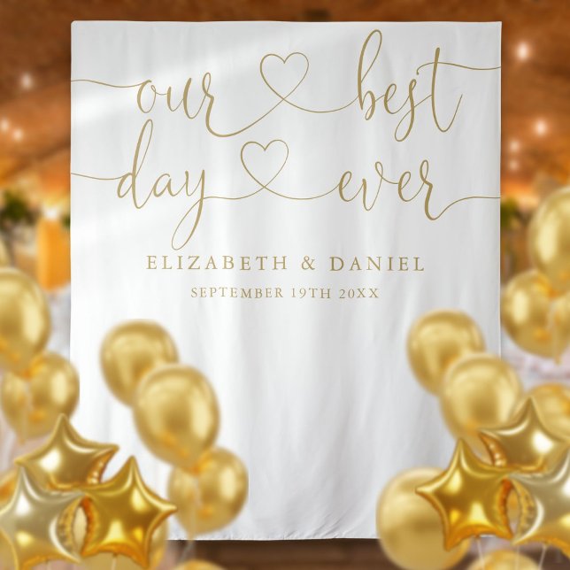 Tenture Fond de scène de mariage à motif de cœur en or pou (Best Day Gold Heart Script Wedding Photo Backdrop)