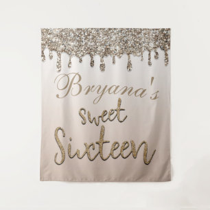 Tenture Fond de toile de fête Sweet 16 pailleté or Champag