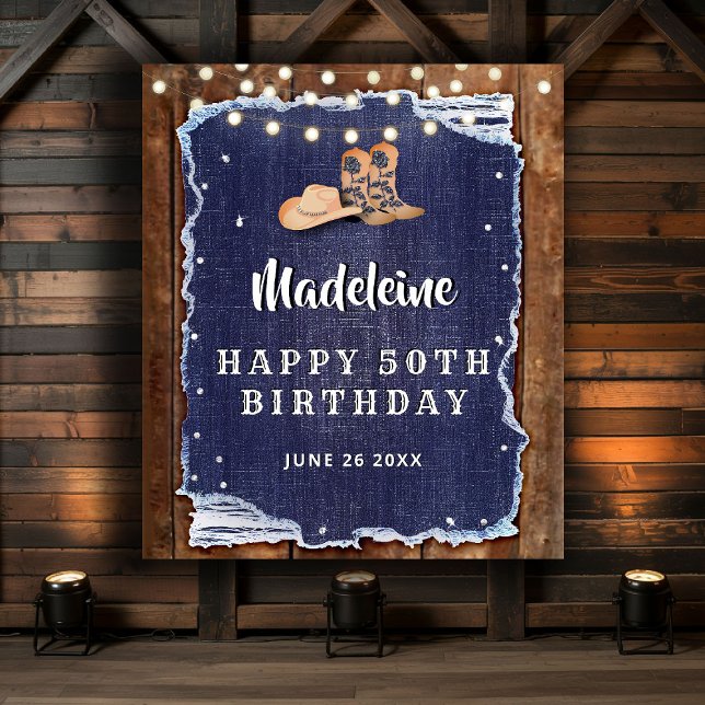 Tenture Fond de toile de fond d'anniversaire western rusti (denim and diamonds birthday party backdrop rustic wood country western elegant chic)