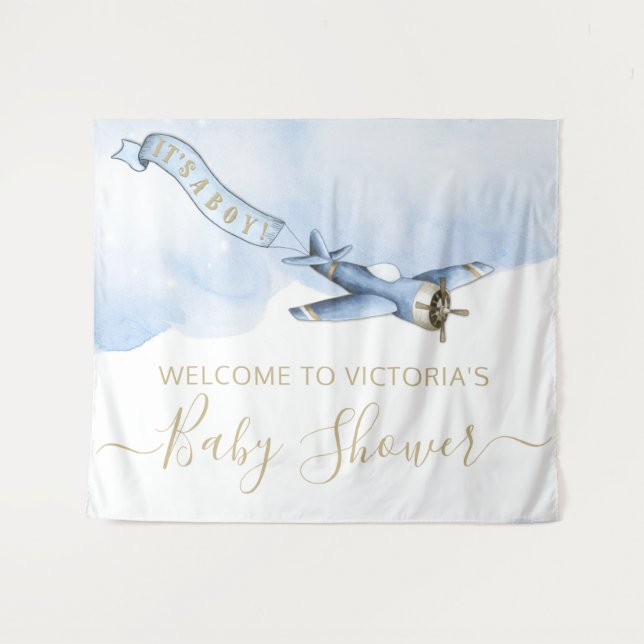 Tenture Fond de toile de fond pour Baby Shower d'avion vin (Devant (Horizontal))