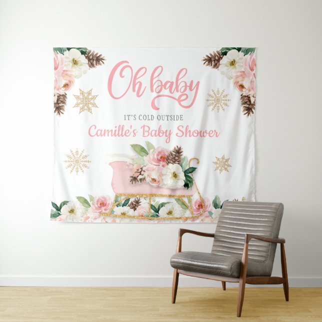 Tenture Fond de toile de fond pour Baby Shower Fleur rose  (En situation (horizontale))