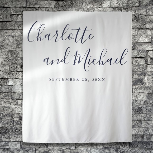 Tenture Fond de toile de fond pour photomaton de mariage à (Navy Blue Script Wedding Photo Booth Backdrop)